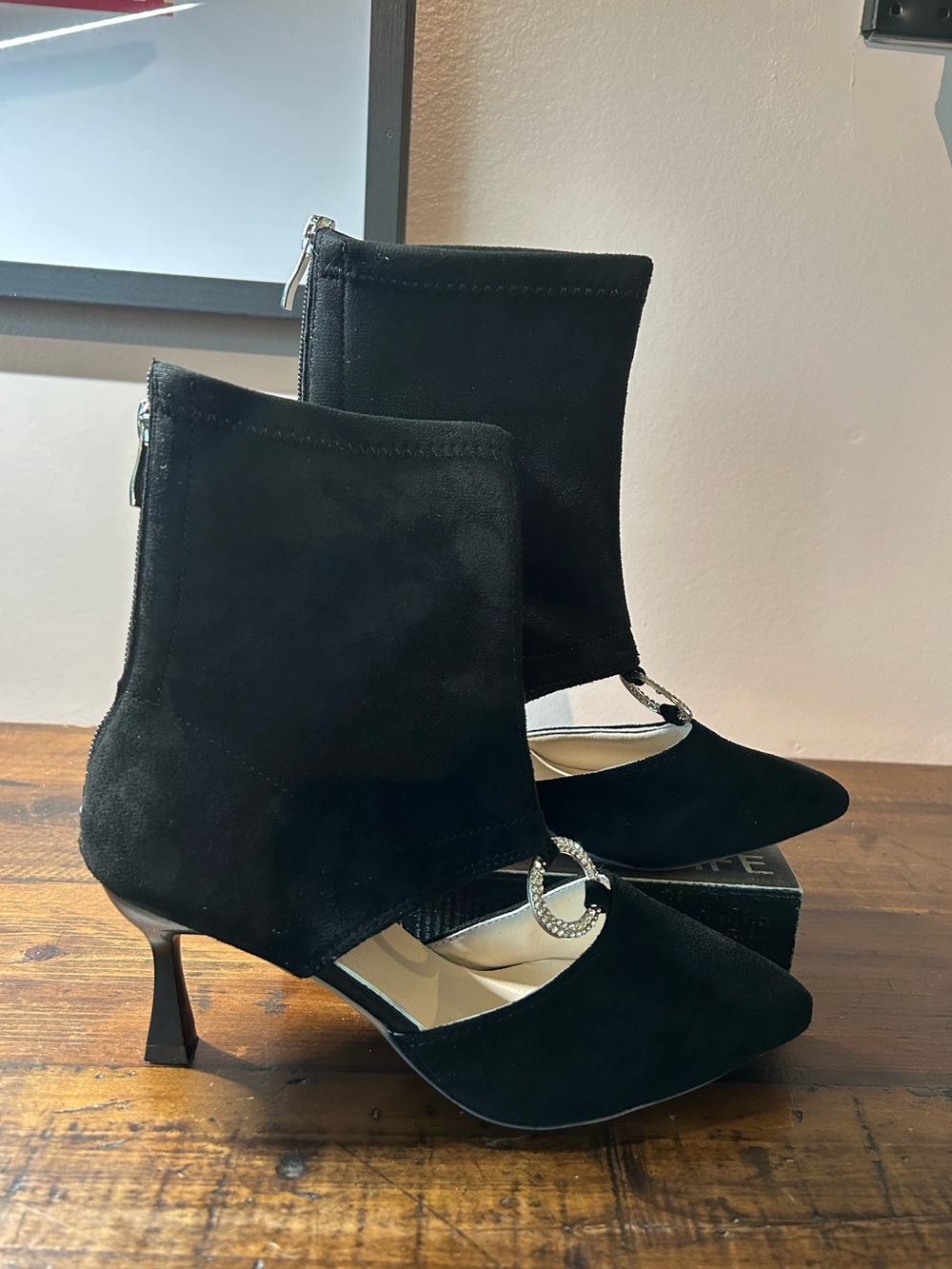 Black suede like Ankle Strap Kitten Heel Booties